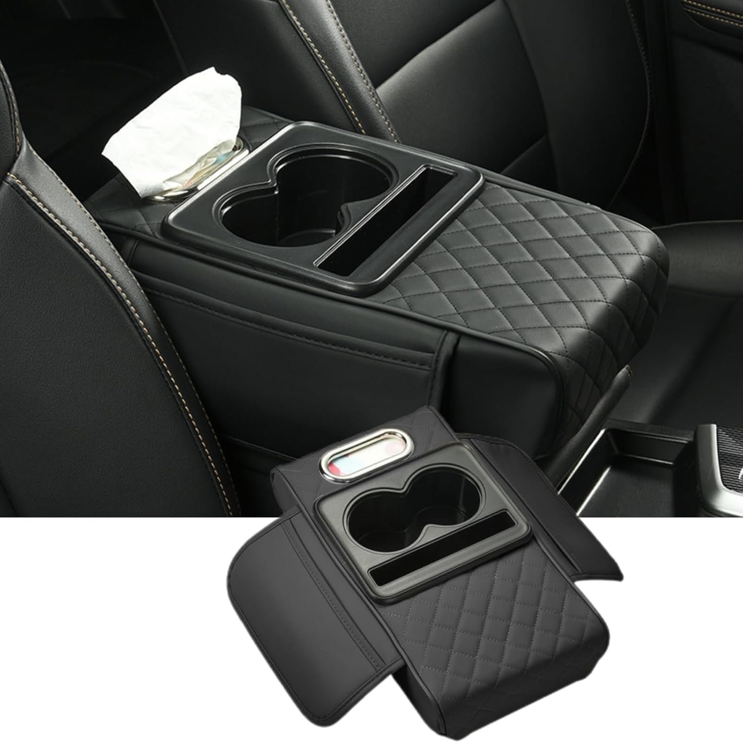 Car Armrest Support with Storage Bag, Tissue Box & Cup Holder - Image 1