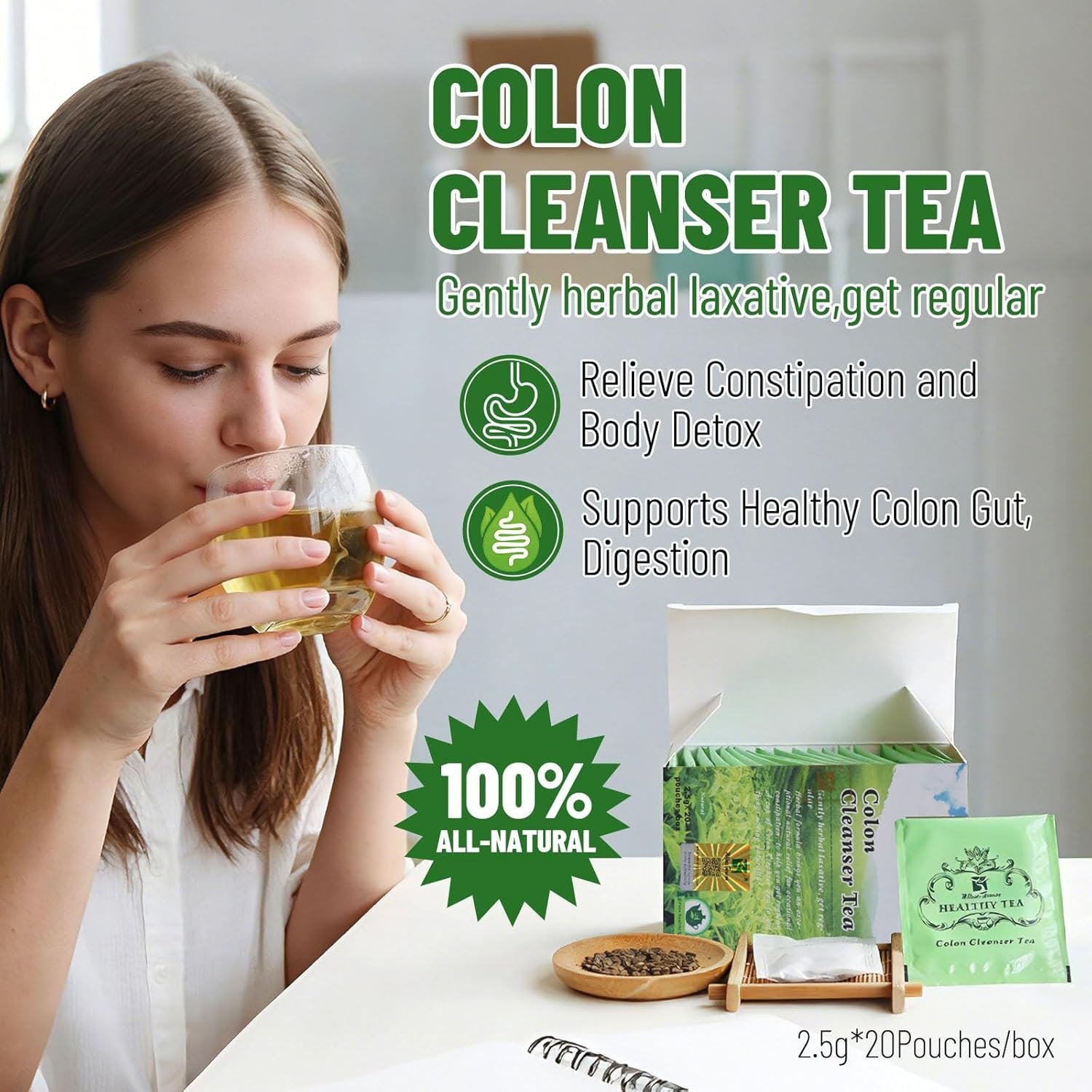 Colon Cleanser Tea, Natural Herbal Blend, 20 Teabags | Supports Regularity & Gut Comfort, Relieve Bloating, Digestive Health - Image 1